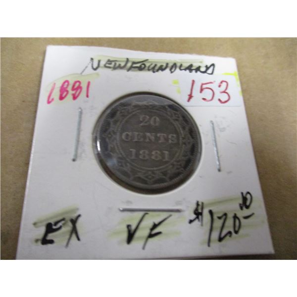 1881 VF VICTORIAN NEWFOUNDLAND SILVER 20 CENT COIN