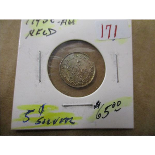 1945 AU NEWFOUNDLAND SILVER FIVE CENT
