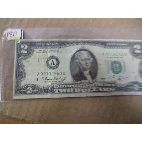 1976 SCARCE USA GREEN SEAL $2 BANK NOTE