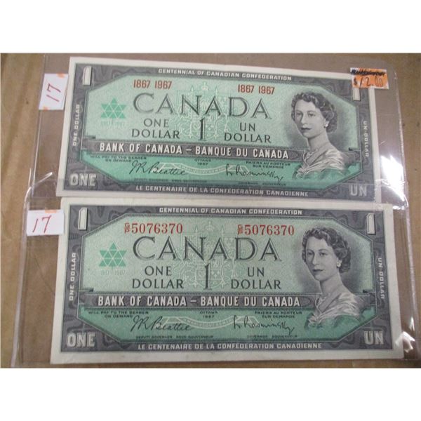 1967 (NO SERIAL NUMBER & WITH SERIAL NUMBER) CENTENNIAL CANADA $1 BILLS