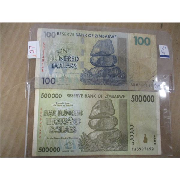 BANK OF ZIMBABWE $500,000/$100 BANK NOTE SET