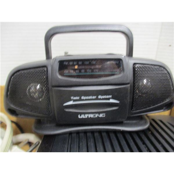 ESTATE:  BOX C/W ELECTRICAL CORDS, RADIO, ETC