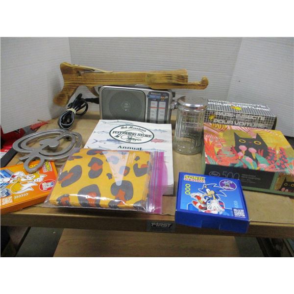 BOX C/W PUZZLES, BUG SCREEN, RADIO, ETC