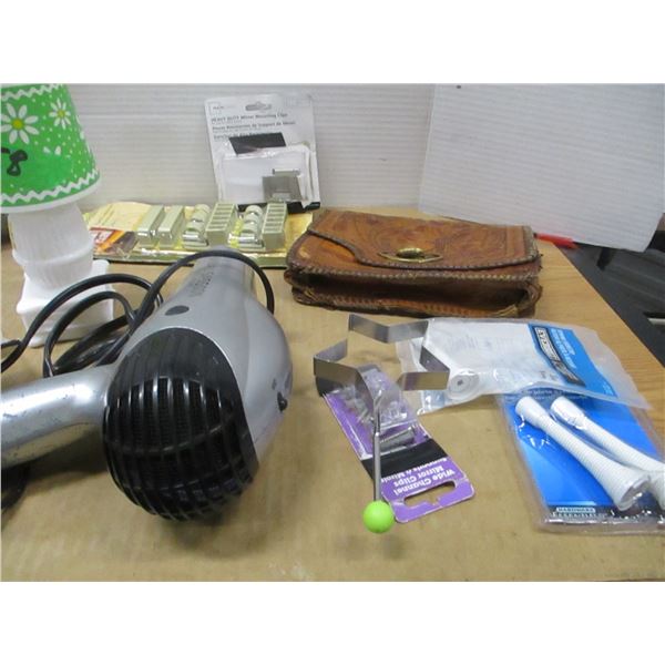 BOX C/W HAIR DRYER, LAMP, PURSE, ETC