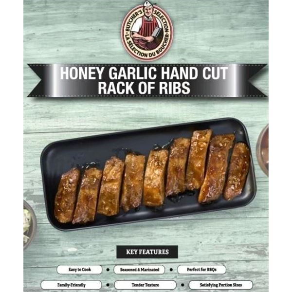 FROZEN:  FULLY COOKED HONEY GARLIC BABY BACK RIBS (500G)