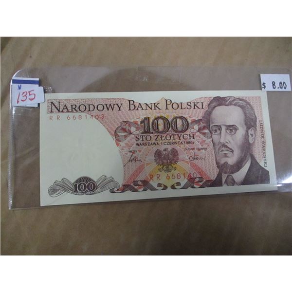 1986 BANK POLSKI 100 ZLOTYEH CURRANCY BANK NOTE