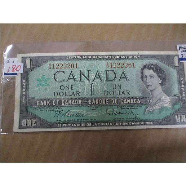 1967 CENTENNIAL POKER HAND SERIAL NUMBER (4-2'S) CANADA $1 BILL
