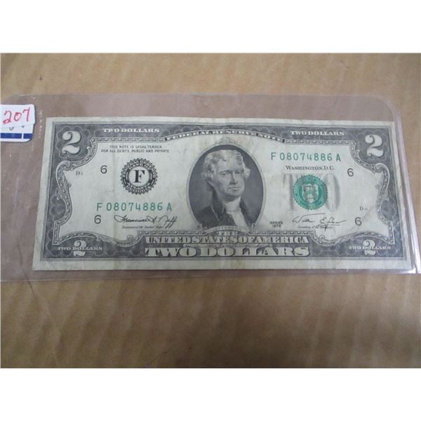1976 SCARCE GREEN SEAL USA $2 BANK NOTE