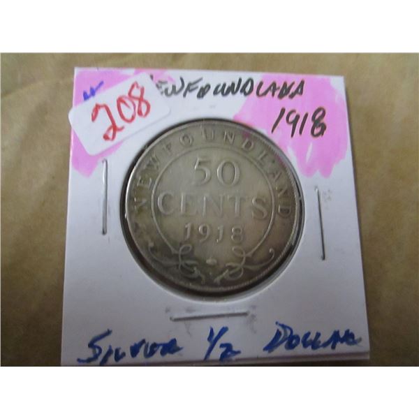1918 NEWFOUNDLAND KING GEORGE V SILVER HALF DOLLAR