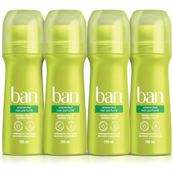 NEW 4-PACK OF BAN UNSCENTED INVISIBLE ROLL-ON