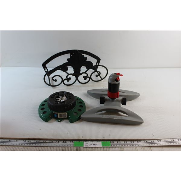 (2) Garden Sprinklers and Wired Garden Hose Hanger