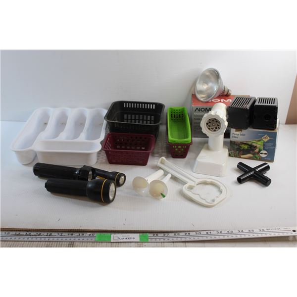 Pump Inlet Filter, Noma Halogen Bulb, Cutlery Tray, Flashlights and Assorted Items