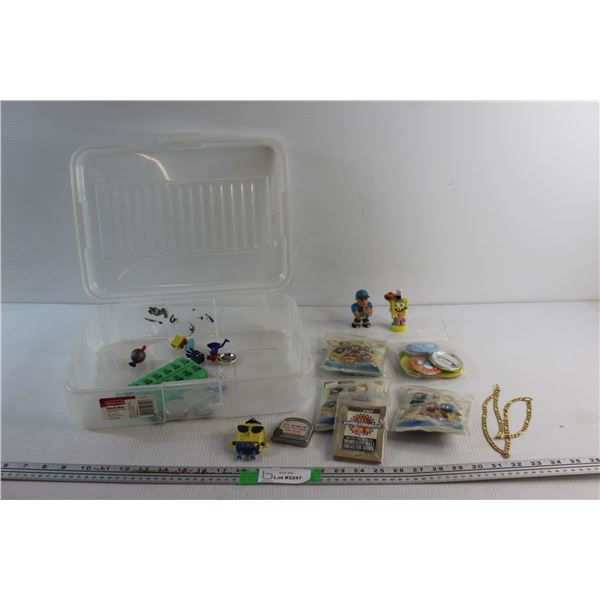 Necklace, Pins, Collectible McDonalds Cards & Lego Super Mario Figurines and Assorted Items