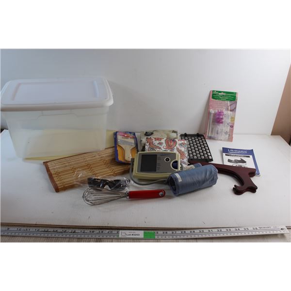 LifeSource Digital Blood Pressure Monitor, Tote, Whisk, French Knitter, Wooden Mat and Assorted Item
