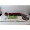 Image 1 : Mini Stick, (2) Horse Decorative Trays, (3) Red and Black Bowls, Plastic Cutlery Set, 75w Light Bulb