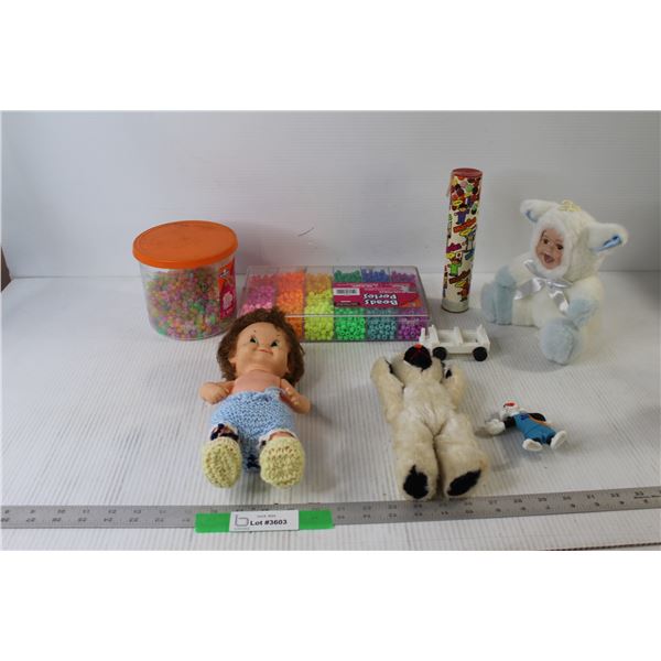 (2) Baby Dolls, Teddy Bear, Beads, Looney Tunes Toy,