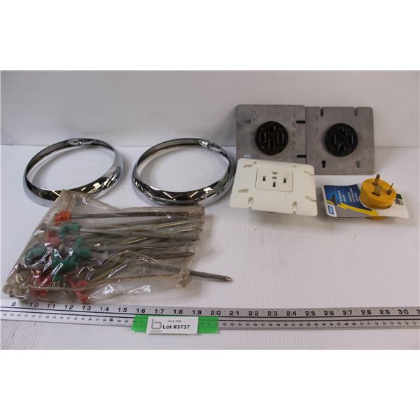 Lot: (2) Headlight Bezzles From 1936 Car, (3) 220Amp Face Plates, (1) 220-12 Amp Converter, (10+) Me
