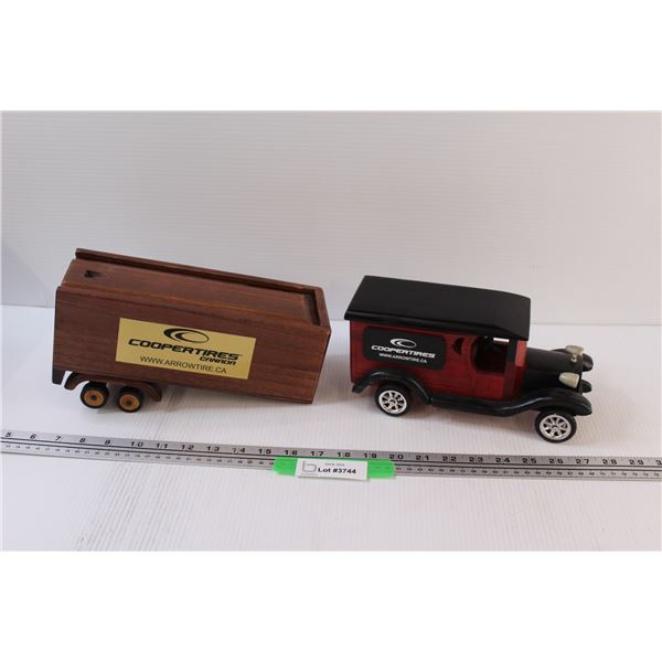 (2) Coopers Tires Wooden Antique Style Model Car & Semi Trailer