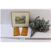 Lot: Print of Cotswold Farmland - 12" x 10", (4) Faux Eucalyptus, (2) Plate Hangers