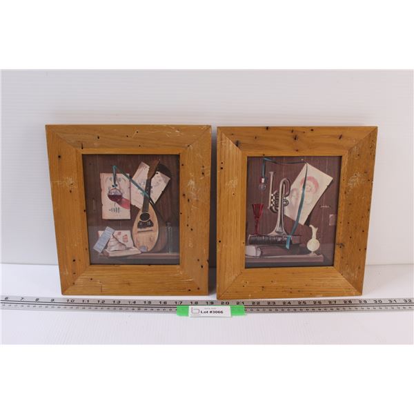 (2) Vintage Worm Wood Frames w/ Pictures - 10" x 11"