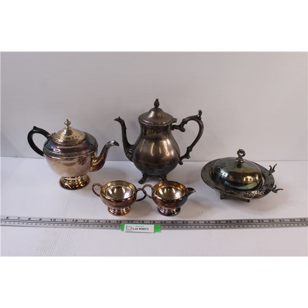 Rogers Silver Plated Teapot & Essay Plated Teapot, (2) Viking Plated Sugar & Creamer Set, Monarch Pl