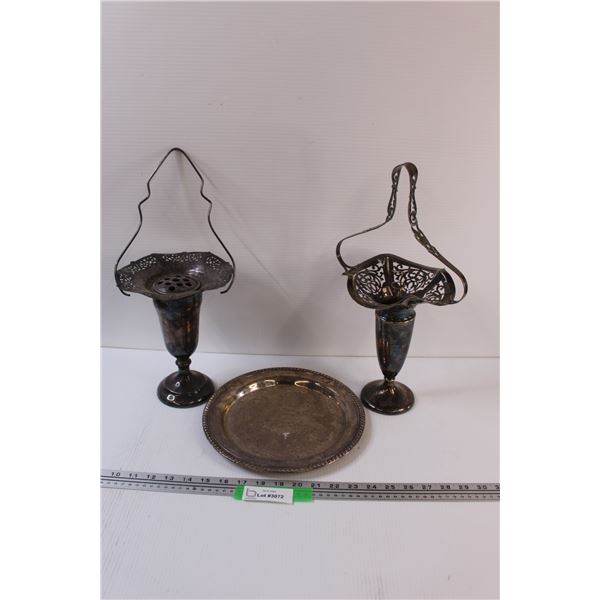 (2) Silver Plated Floral Frogs (One Handle Needs Repair) & Silver Platter