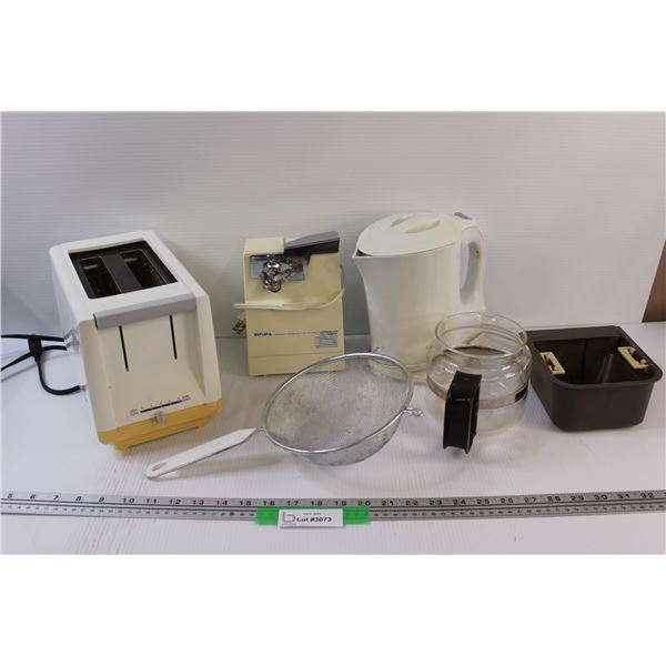 Kitchen Lot: Toaster & Can Opener, & Kettle, & Sieve & Coffee Pot Misc. - Consigner States Works, Po