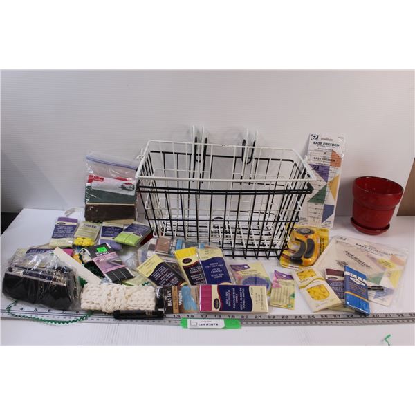 (2) Bicycle Baskets & Large Quilting/Sewing Accessories Lot - Assorted & 5" Planter Pot
