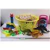 Image 1 : Kids Toy Lot: Dinosaurs, Bathtime Toys, Trolls Karaoke Machine, Princess Carriage, Misc. in Basket