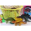 Image 3 : Kids Toy Lot: Dinosaurs, Bathtime Toys, Trolls Karaoke Machine, Princess Carriage, Misc. in Basket