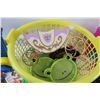 Image 5 : Kids Toy Lot: Dinosaurs, Bathtime Toys, Trolls Karaoke Machine, Princess Carriage, Misc. in Basket