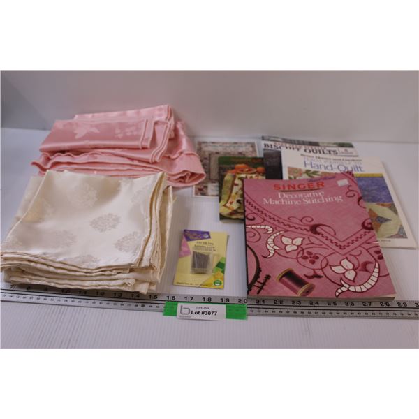 Pink Round Table Cloth & Napkins Set, (8) Off-White Large Napkins, Various Sewing & Quilting Books
