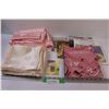 Image 1 : Pink Round Table Cloth & Napkins Set, (8) Off-White Large Napkins, Various Sewing & Quilting Books