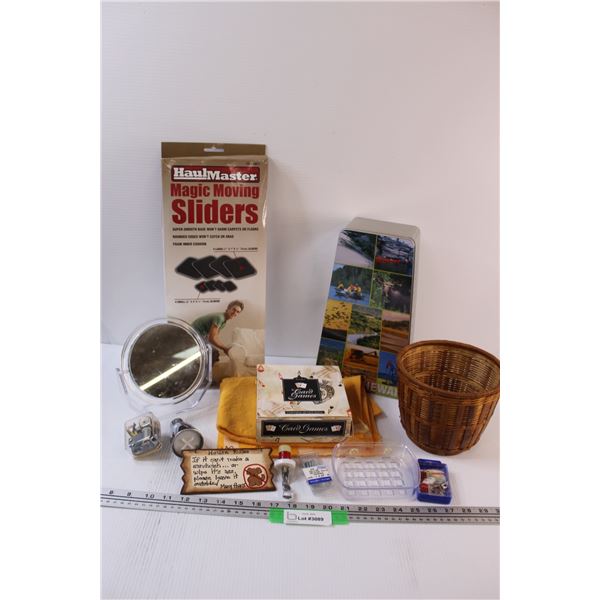 Lot: Furniture Moving Sliders, Wicker Pot, Card Games, Sewing Needles, Misc.