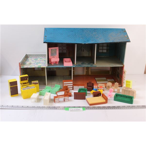 Vintage Metal Doll House w/Various Furniture Sets - Some Wear