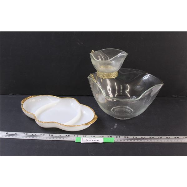 Clear Glass Chip & Dip Dish Set & Divided Serving Platter