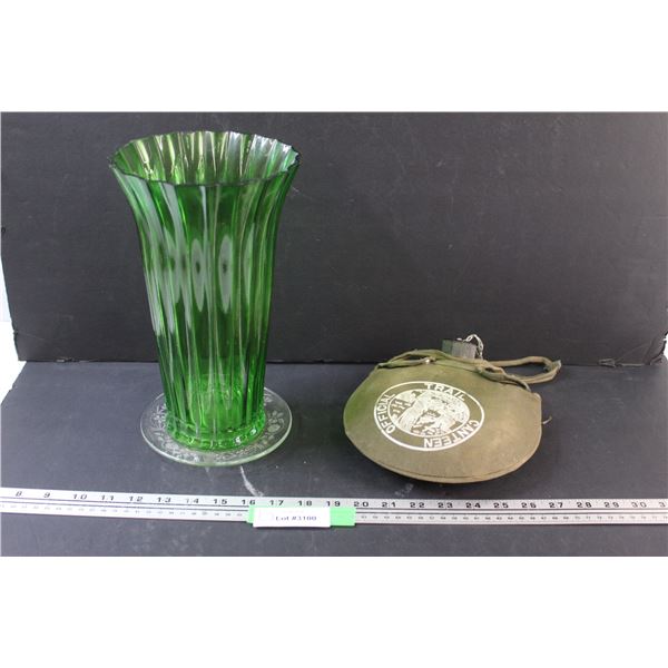 Water Canteen & Green Glass Vase (Missing Coloring as pictured) - 11" Tall