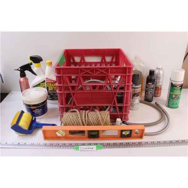 Milk Crate w/Contents: Level, Water Faucet Lines, Spray Paint, Various Cleaners, Misc.