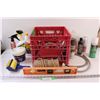 Image 1 : Milk Crate w/Contents: Level, Water Faucet Lines, Spray Paint, Various Cleaners, Misc.