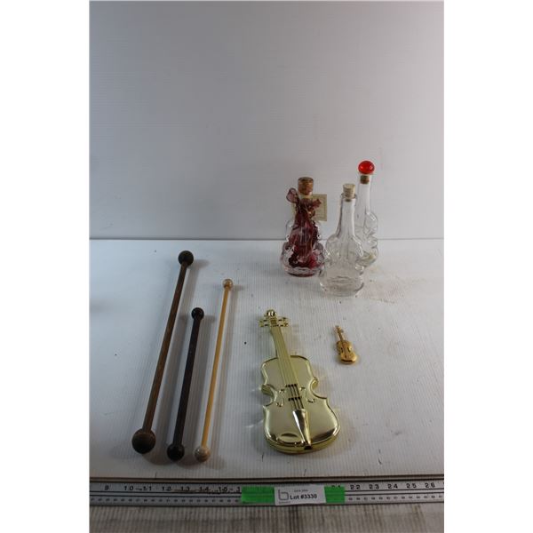 Violin Glass Bottles, (2) Violin Wall Decorations and Wooden Sticks
