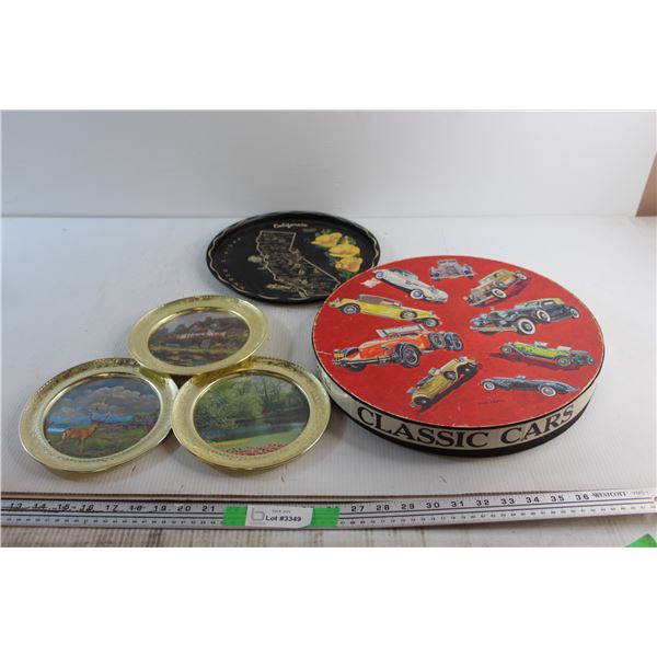 Vintage Classic Cars Jigsaw Puzzle, California Serving Tray and (3) Wall Mount Decorative Brass Plat