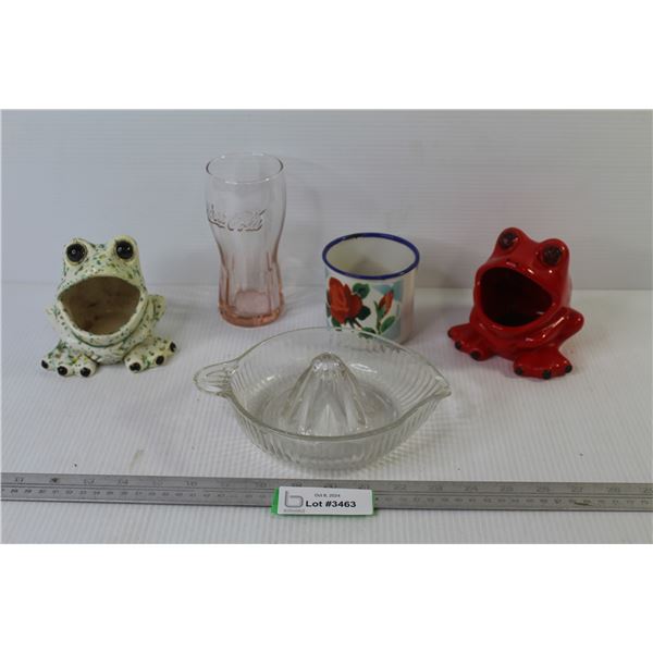 (2) Ceramic Frog Scrubby Holders - Juicer (has chip) - Tin Cup - Pink Coca-Cola Glass