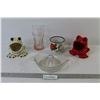 (2) Ceramic Frog Scrubby Holders - Juicer (has chip) - Tin Cup - Pink Coca-Cola Glass