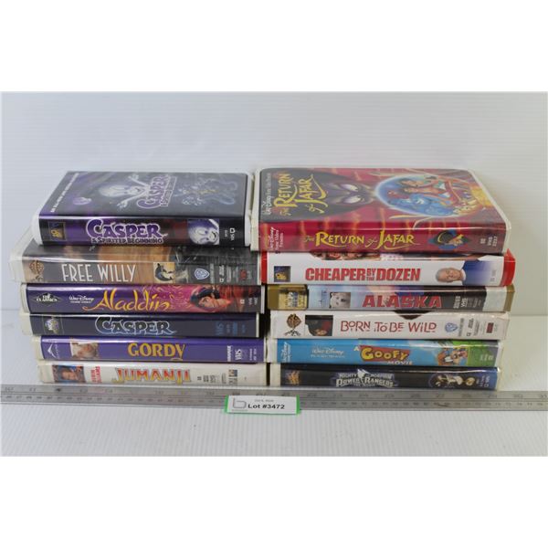 (12) VHS Tapes - Casper - Aladdin - Free Willy - Jumanji - Gordy - Alaska - Cheaper by The Dozen