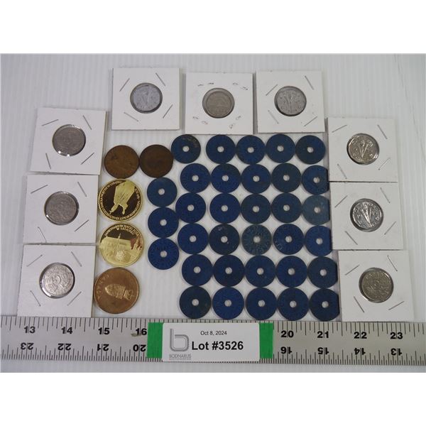 (9) Canadian Nickels, Tokens and (33) WW II Meat Ration Tokens