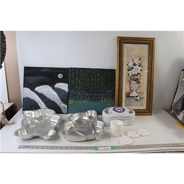 EZ Freezy Ice Cram Machine - As Is, (2) Cake Molds, Flower Painting - 11 1/2" x 24", (2) Canvas Pain