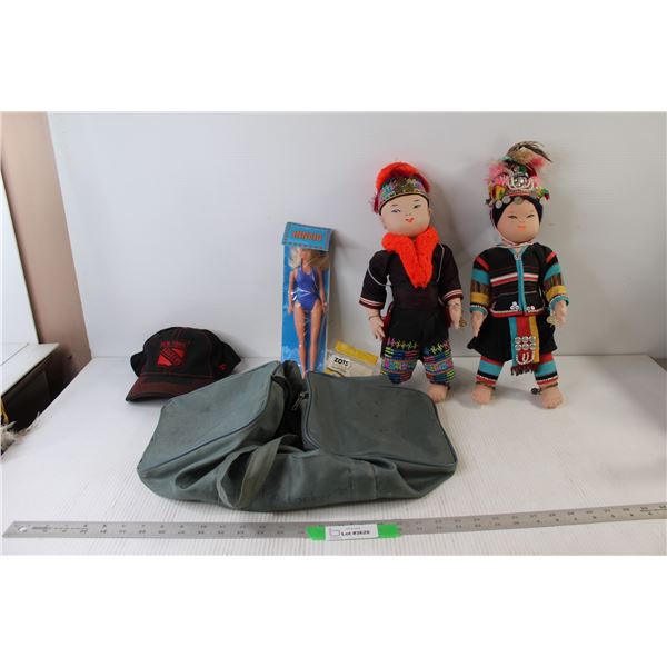 (2) Asian Dolls, Dianne Doll, New York Rangers Hat, Adhesive Pads, Duffel Bag