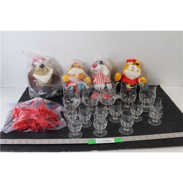 (4) McDonalds Cartoon Stuffies, (5) Glasses, (10) Shot Glasses