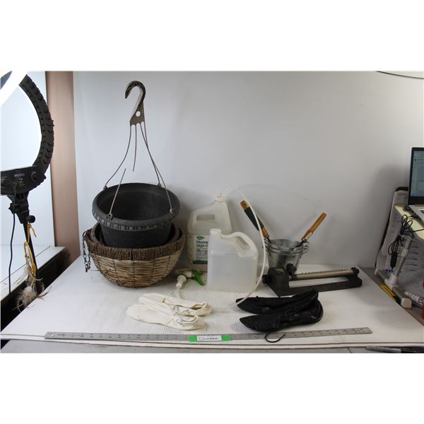 (5) Planters, Assorted Gardening Equipment, (2) Pairs of Shoes