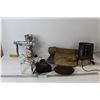 Image 1 : Leather Tool Belt, Lamp - tested Powers On, Meat Grinder, Liquor Bottle, Alarm Clock - Tested Powers